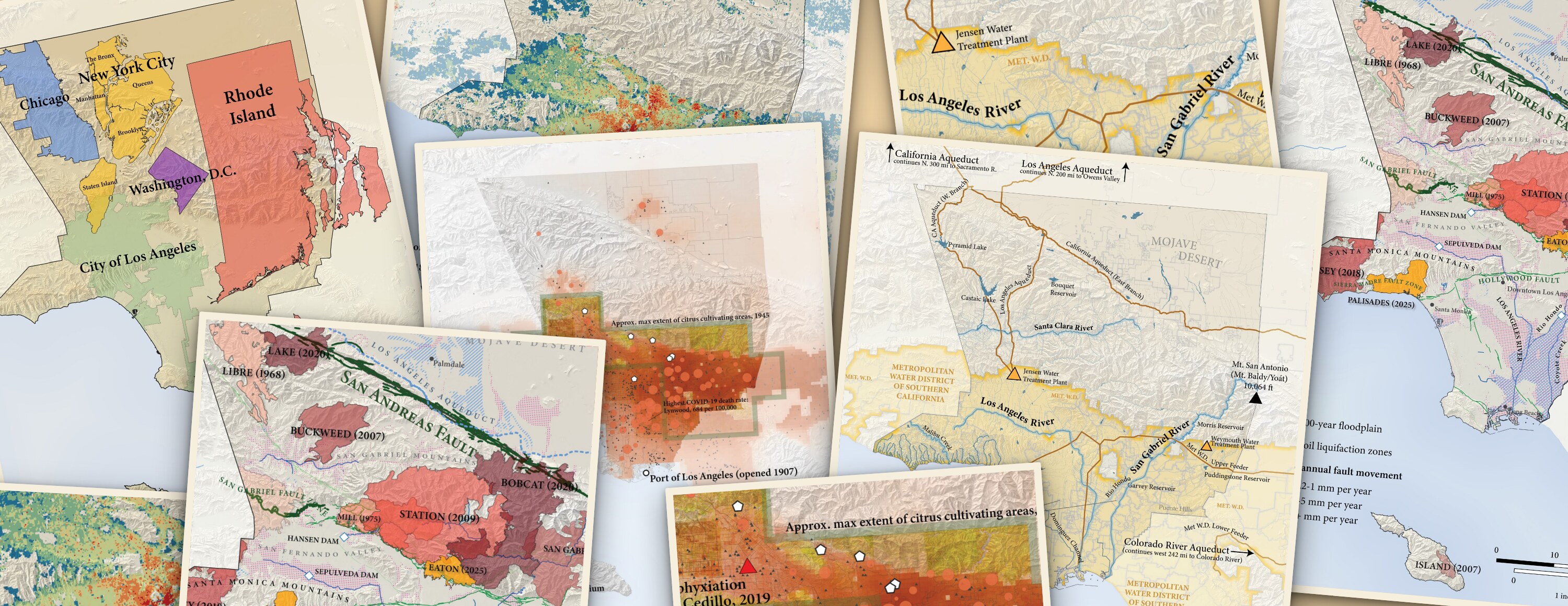 Five maps from the book: LA County at the scale of other cities and states, citrus country and public health, water and aqueduct infrastructure, and fires along the San Andreas Fault.