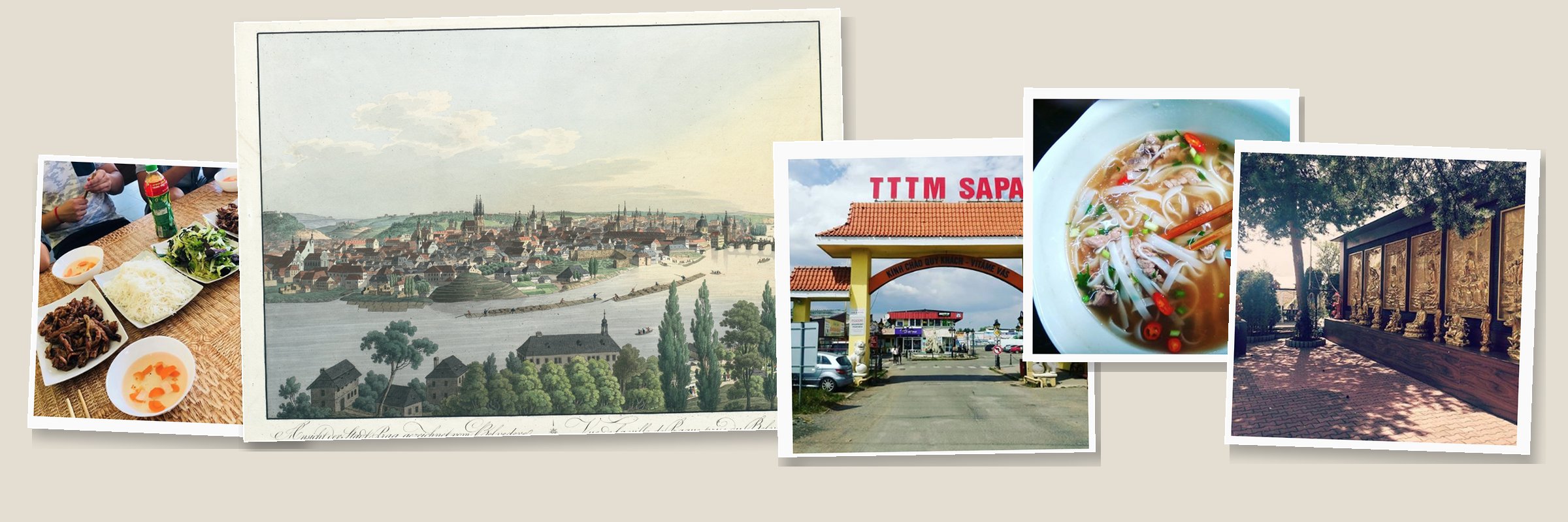From the essay: a nineteenth-century view of Prague and photographs from Sapa marketplace.