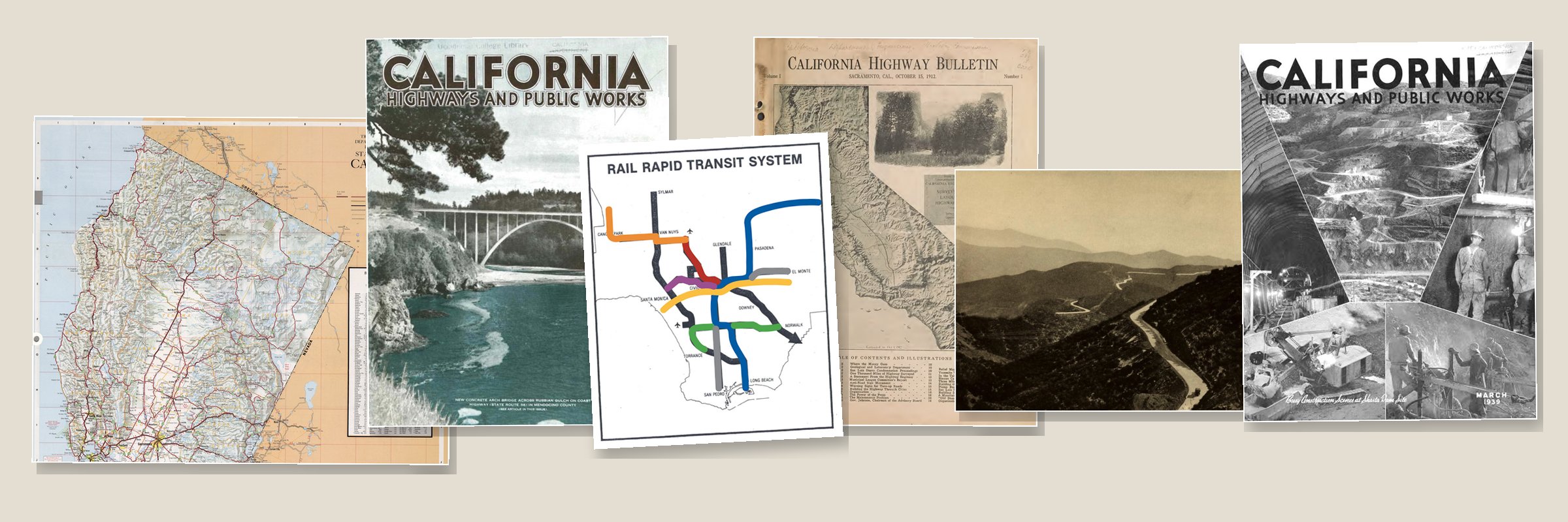 Sources from the thesis: a California state highway map, California Highways and Public Works covers, the California Highway Bulletin of 1912, a canyon road, and a Rail Rapid Transit System map for Los Angeles.