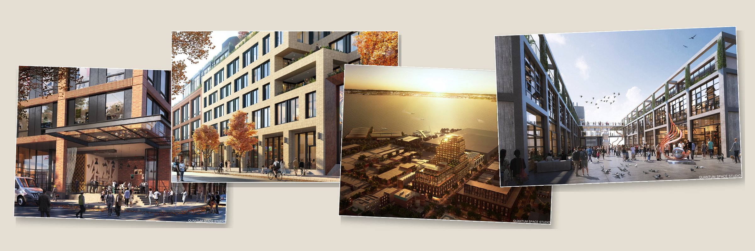 Renderings of the Model Block in Red Hook, Brooklyn: a street corner, the building along the street, an aerial view at sunset over the waterfront, and a public courtyard.