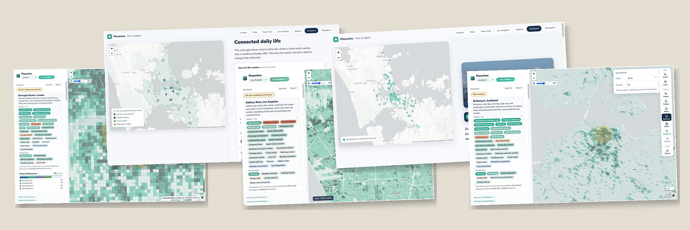 Placeview screens: place readouts for Borough Market, Gallery Row in Los Angeles and Britomart in Auckland, and City Insights maps of Auckland.