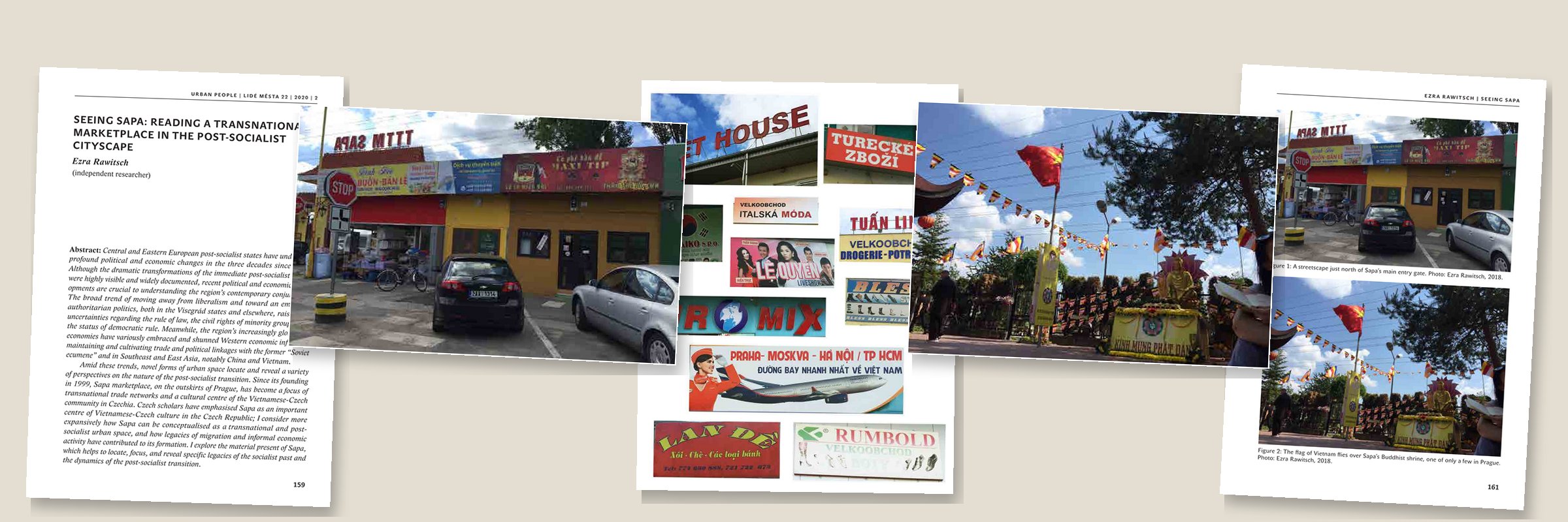 Pages and photographs from Seeing Sapa: the title page, a streetscape at Sapa marketplace in Prague, a montage of shop signs, and the Vietnamese flag over Sapa's Buddhist shrine.